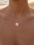 14k 16mm Mother of Pearl Pendant w/2mm Ruby t/w.06ct, Mother of Pearl — close-up on model