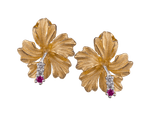 13mm 14k Hibiscus Earrings with 4 diamonds and 2 rubies