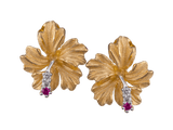 13mm 14k Hibiscus Earrings with 4 diamonds and 2 rubies