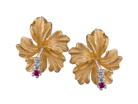 13mm 14k Hibiscus Earrings with 4 diamonds and 2 rubies