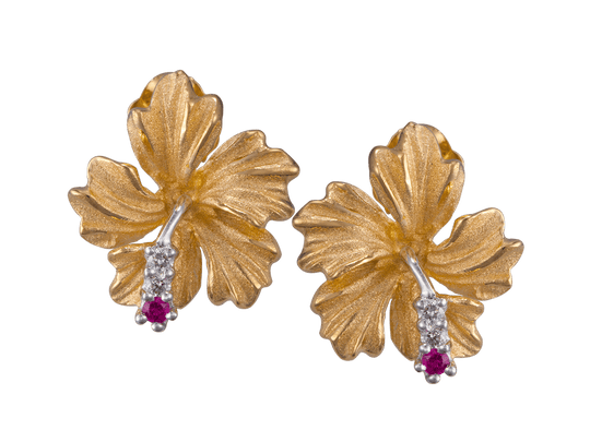 13mm 14k Hibiscus Earrings with 4 diamonds and 2 rubies