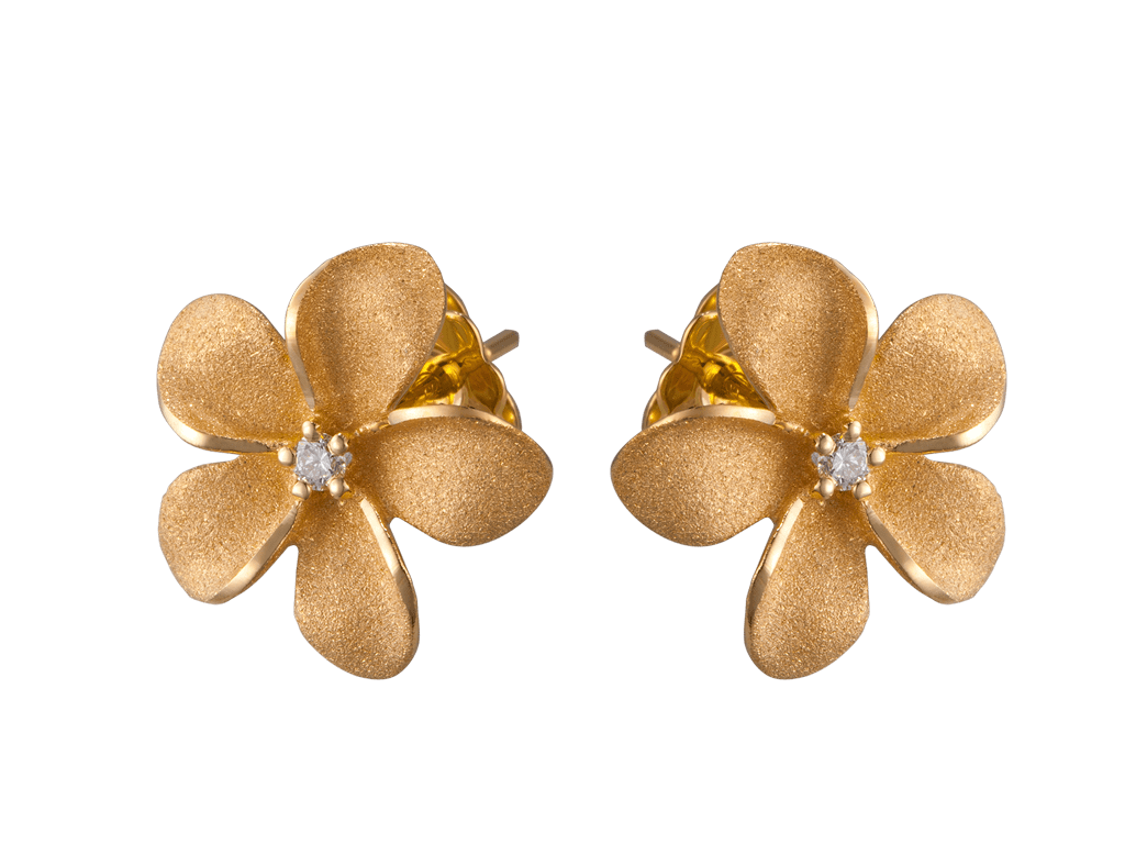 13mm 14k Plumeria Earrings with 2 diamonds