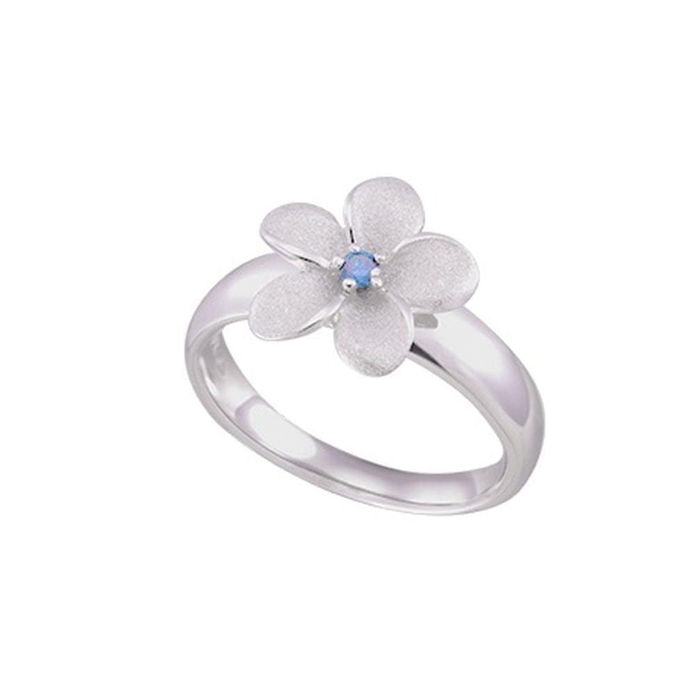 13mm 14k Plumeria Ring with blue diamond