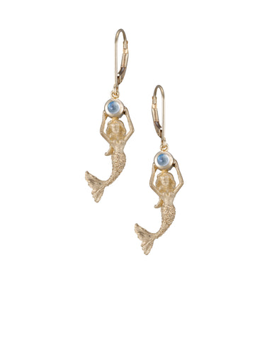 14ky Mermaid Earrings with 2 Blue Topaz .24ct, 2 Moonstones .19ct with Dangle Leverback