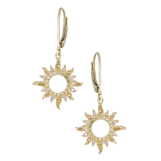 14ky "Sunburst" Leverback Earrings with 74 Colored Sapphires
