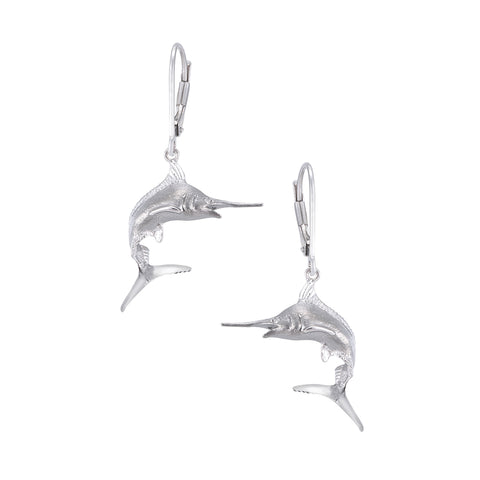 Precious Silver (Precious Silver in Black Rhodium) 18mm Blue Marlin Earring w/4 Diamonds .01ct, with Dangle Leverback