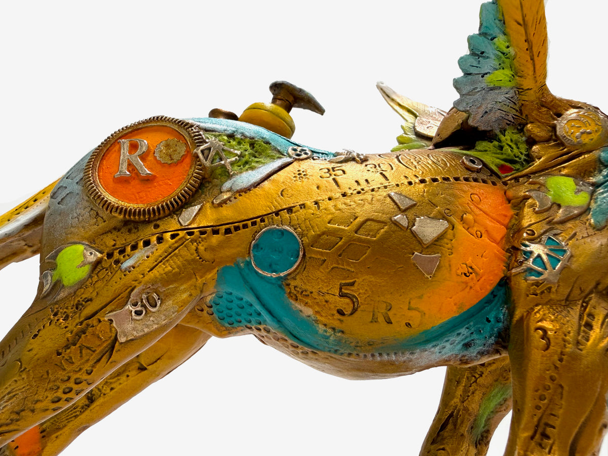 Detail of Arthur Small by Nano Lopez, engraved bronze surface, inlays and patina