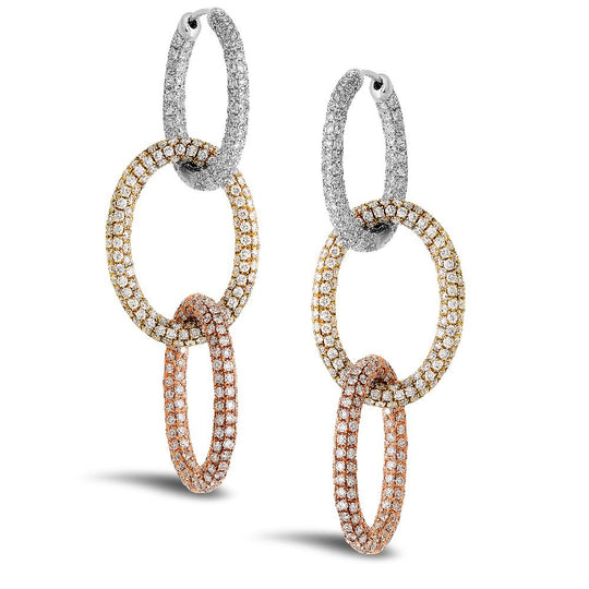 Boucles d'oreilles en or blanc, jaune et rose 18 carats avec diamants de 8,90 ct