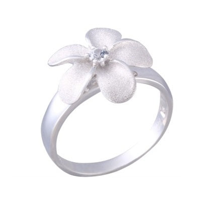 15mm Precious Silver Plumeria Ring with  White Sapphire