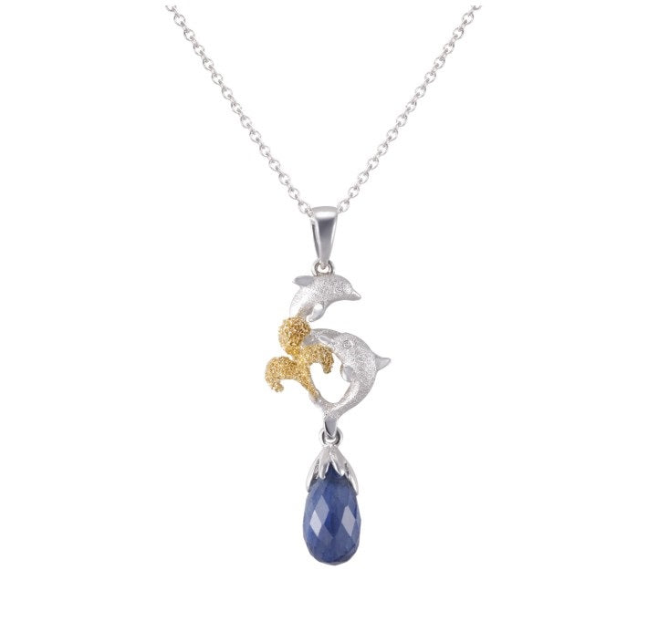 PRECIOUS SILVER/18KY 10mm "DANCING COUPLE" DOLPHIN PENDANT