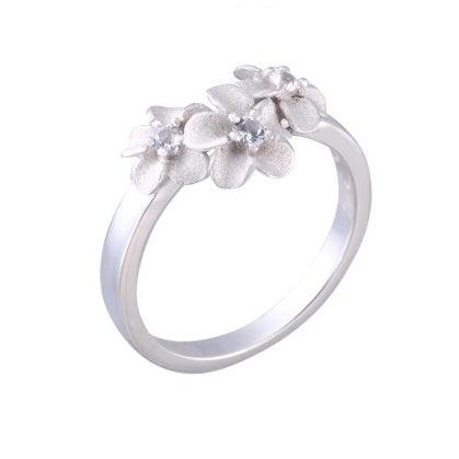 8mm Precious Silver Plumeria Ring with 3 White Sapphire