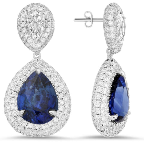 18K white gold earrings with 340 pcs 2.04 CT diamonds and 2 pcs sapphire 2.93ct and 3.06ct sapphire