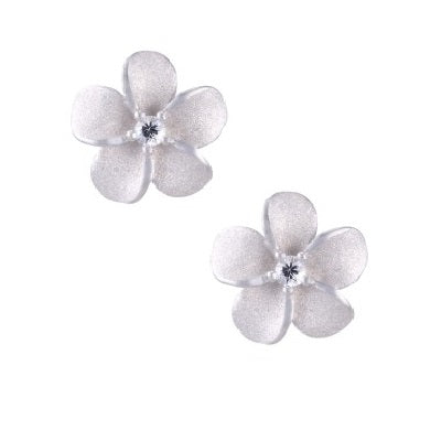 Precious Silver 11mm Plumeria Earrings with 2 White Sapphire