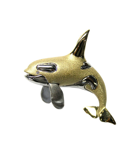 Colgante de ballena asesina de 14k 40 mm 2/tono (blanco y amarillo) con 2 diamantes