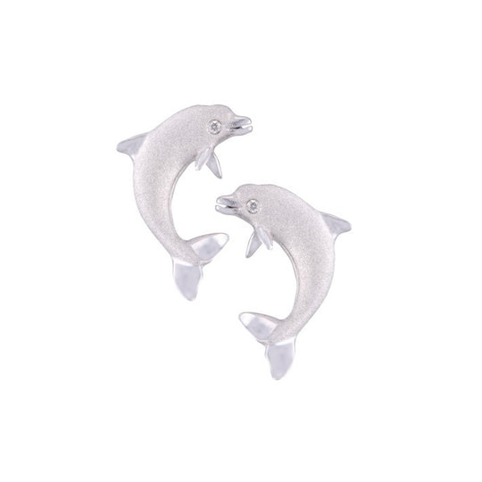 Precious Silver 20mm "Jumping Single" Dolphin Earrings with 2 Diamonds