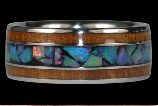 Blue Opal and Koa Wood Titanium Ring