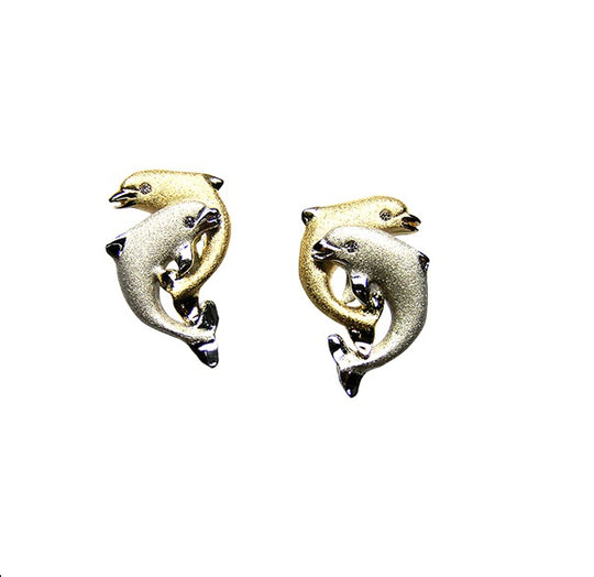 14k 2/tone 15mm "Dancing Couple" Dolphin Earrings with 4 diamonds