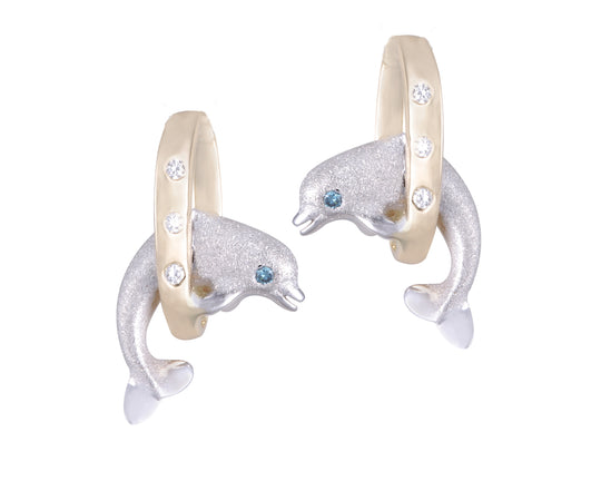 14k 15mm "Jumping Loop" Dolphin Earrings with 6 diamonds