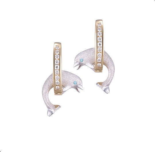 Pendientes de delfines de "bucle de salto" de 14k 15 mm con 18 diamantes