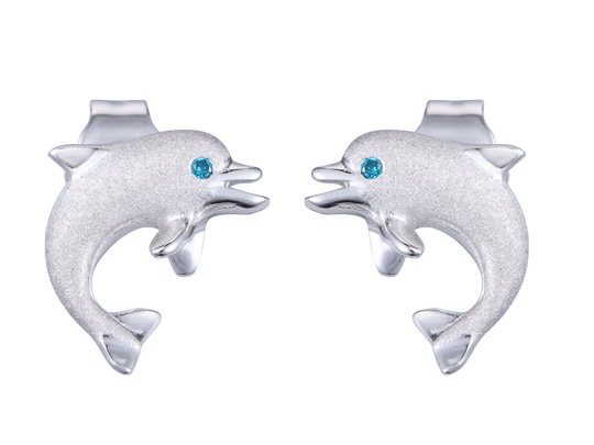 14k 10mm "Jumping Single" Dolphin Stud Earrings with 2 blue diamonds