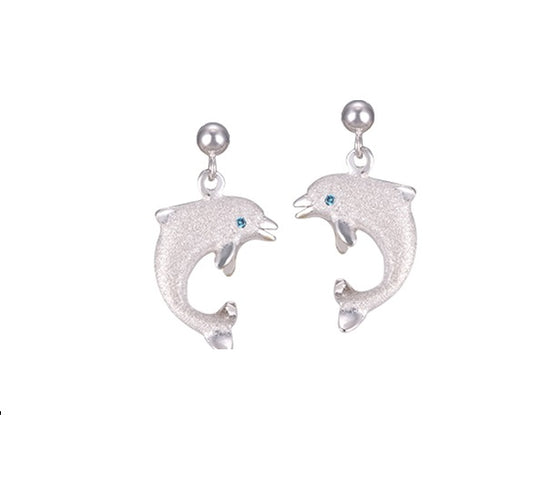 14k 15mm "Jumping Single" Dolphin Ball Post Earrings with 2 blue diamonds