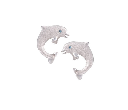 14k 15mm "Jumping Single" Dolphin Stud Earrings with 2 blue diamonds