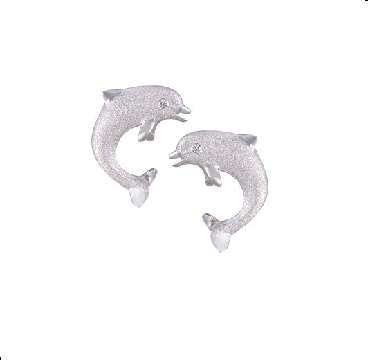 14k 15mm "Jumping Single" Stud Dolphin Earrings with 2 Diamonds