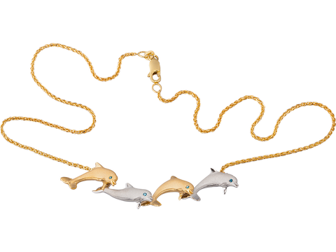 14K 2/TONE 20MM "OPEN SEA" DOLPHIN NECKLACE 