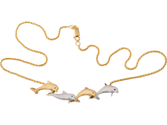 14k 2/tone 20mm "Open Sea" Dolphin Necklace with 4 diamonds