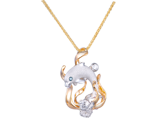 14k 2/tone "Blue Lagoon' Dolphin Pendant with 0.01 carat blue diamond