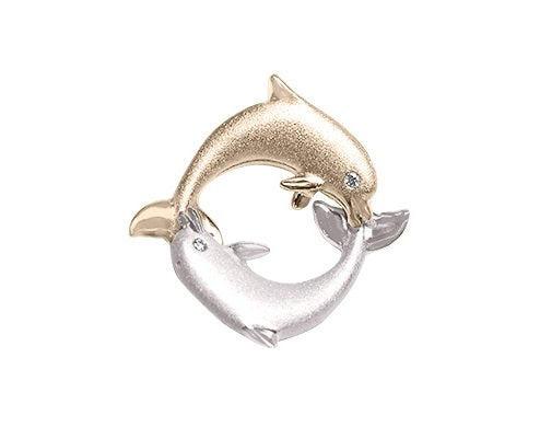 14k 20mm "Chasing Couple" Dolphin Pendant with 2 diamonds