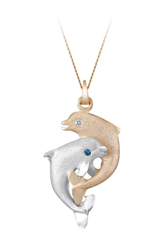 14k 2/tone 15mm "Dancing Couple" Dolphin Pendant with blue and white diamonds