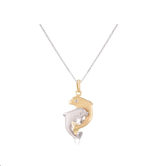 14k 2/tone 15mm "Dancing Couple" Dolphin Pendant with 2 diamonds