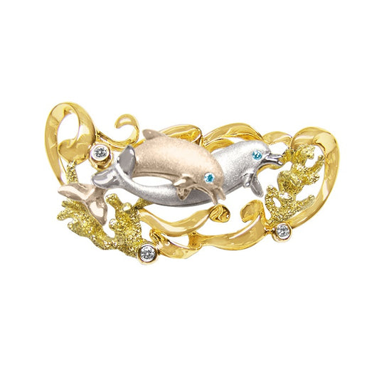 14k 20mm "Flipping Couples" Dolphin Pendant with 2 blue diamonds