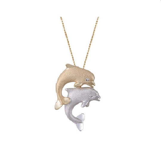 14k 2/tone 15mm "Jumping Couple" Dolphin Pendant with 2 diamonds