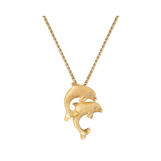14k 15mm "Jumping Couple" Dolphin Pendant with 2 diamonds