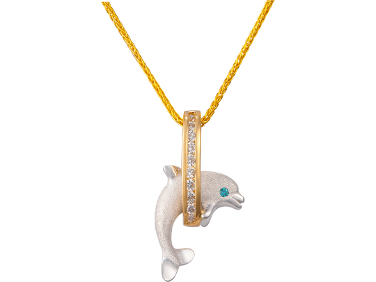 14k 2/tone 15mm "Jumping Loop" Dolphin Pendant with 10 diamonds