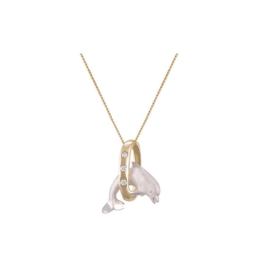 14k 2/tone 15mm "Jumping Loop" Dolphin Pendant with 4 diamonds
