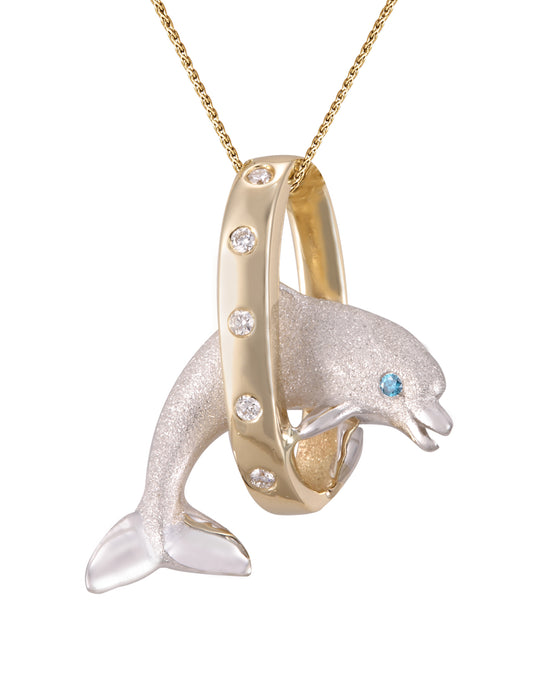 14k 2/tone 20mm "Jumping Loop" Dolphin Pendant with 5 diamonds