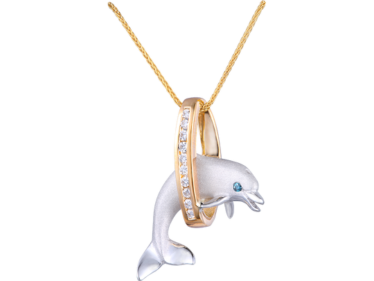 14k 2/tone 20mm "Jumping Loop" Dolphin Pendant with 10 diamonds