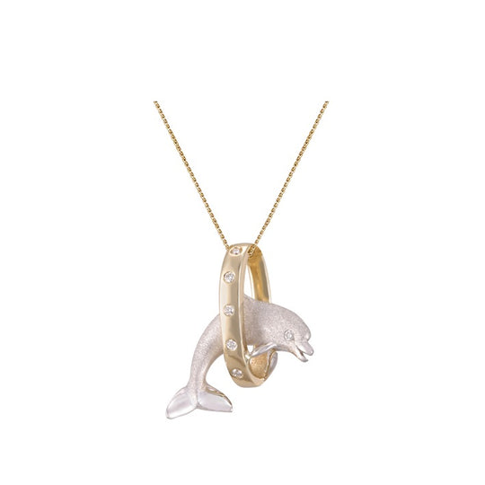 14k 2/tone 20mm "Jumping Loop" Dolphin Pendant with 6 diamonds