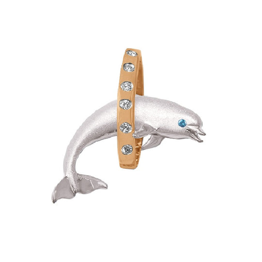 14k 2/tone 28mm "Jumping Loop" Dolphin Pendant with 6 diamonds