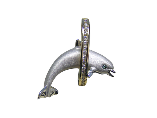 14k 2/tone 28mm "Jumping Loop" Dolphin Pendant with 16 diamonds