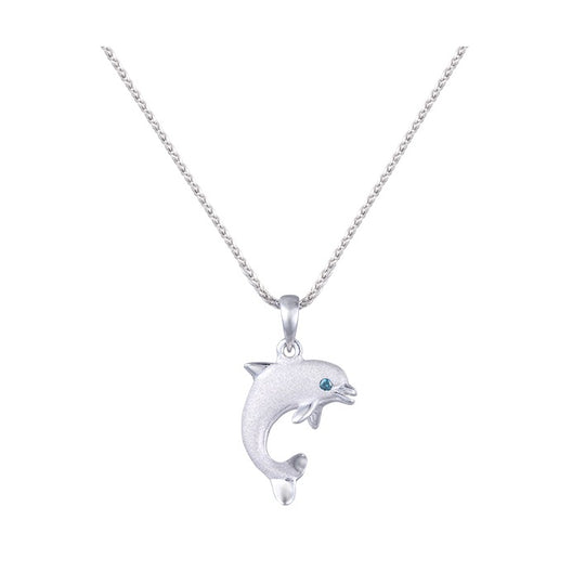 14k 15mm "Jumping Single" Dolphin Pendant with 0.01 carat blue diamond