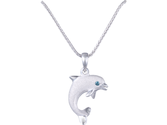 14k 20mm "Jumping Single" Dolphin Pendant with 0.01 carat blue diamond