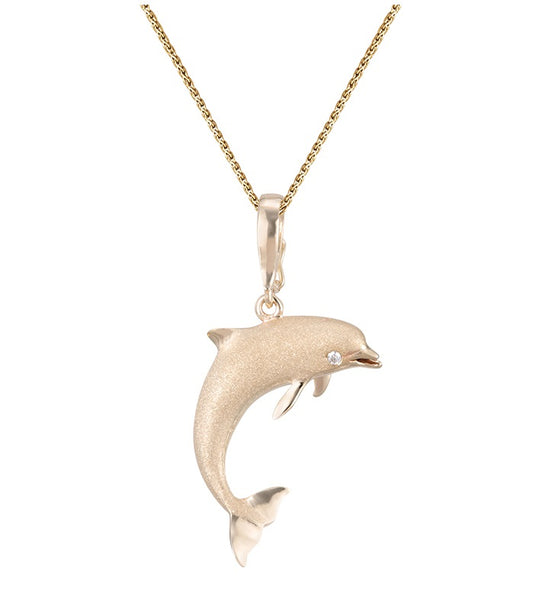 14k 28mm "Jumping Single" Dolphin Pendant with 2 diamonds