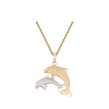 14K 2/TONE 22MM "MOTHER & CALF" DOLPHIN PENDANT 