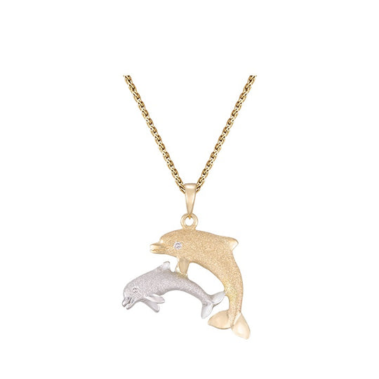 14k 2/tone 22mm "Mother & Calf" Dolphin Pendant with 2 diamonds