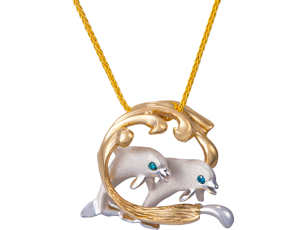 14K 2/TONES 15MM SURFING DOLPHIN COUPLE PENDANT