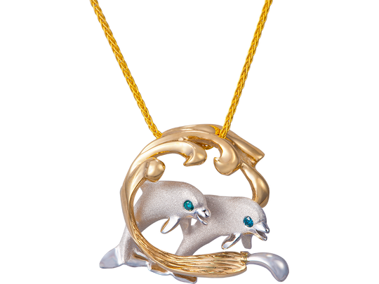 14k 2/tone 25mm Surfing Dolphin Pendant with 2 Blue Diamonds